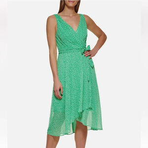 DKNY "NEW" Green Fairy Midi Feminine V-Neck Ethereal Chiffon Wrap Dress Size 14